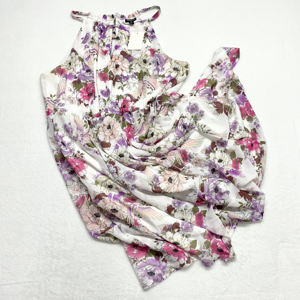 Torrid Floral Halter Maxi Dress Womens Sz 2 2X White Purple Chiffon Boho Summer